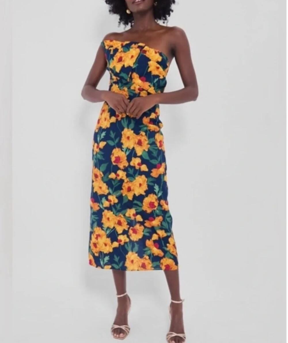 HYACINTH HOUSE Navy & Marigold Floral Ruffle Margot Dress Large